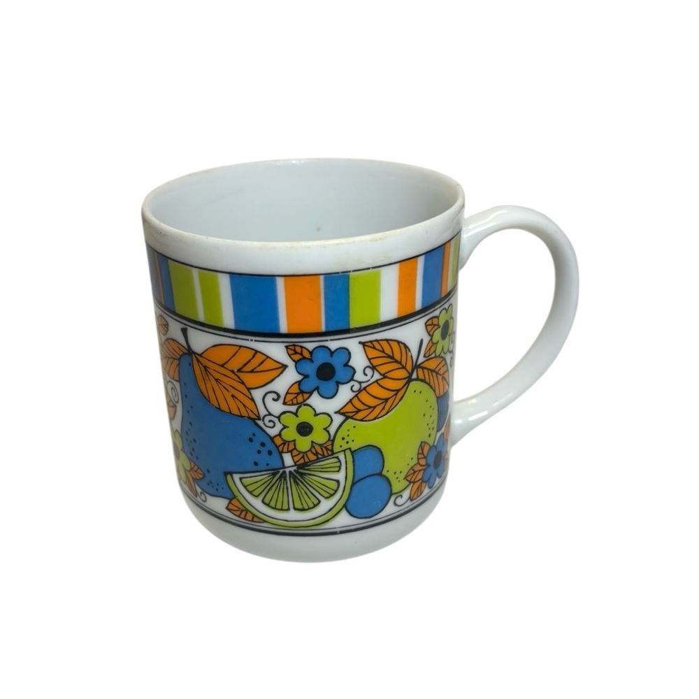 VTG 70's Coffee Cup Mugs ~ Retro Orange Green Blue Stripes Fruit Flowers Japan